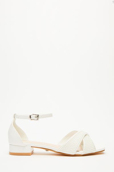 Wide Fit White Pearl Cross Strap Flat Sandals